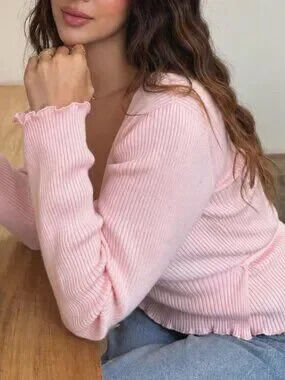 ZARA Pink Casual Women's Deep V-Neck Criss-Cross Tie Long Sleeve Knit Sweater